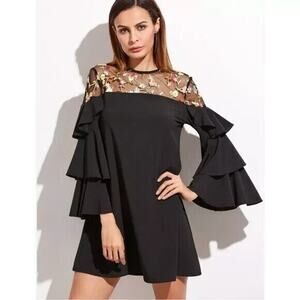 Black Shift Dress Sz 4 Mesh Embroidered Floral Ruffled Sleeves Whimsigoth Fairy